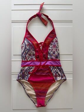 Kuleana Women’s Sz S Red Pink Floral One Piece Swimsuit Bathing Suit